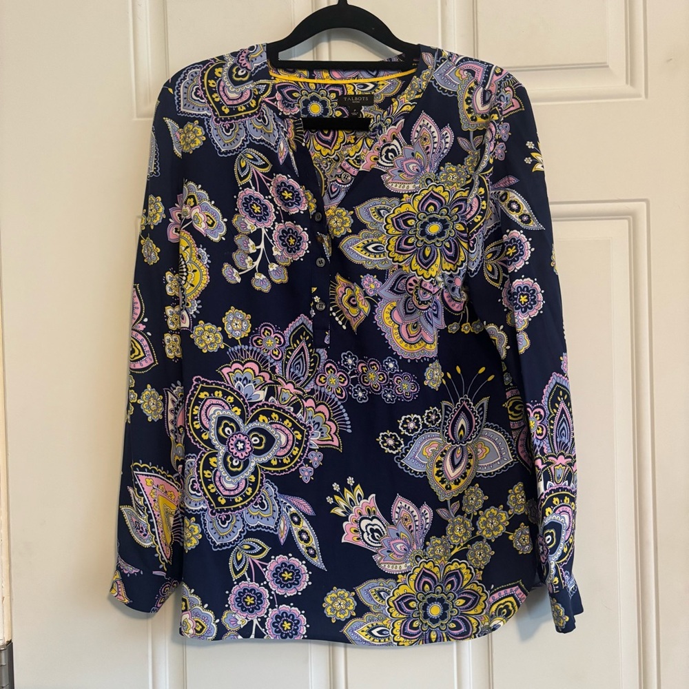 Talbots Paisley Long Sleeve Popover Blouse, Size Petite/Petite
